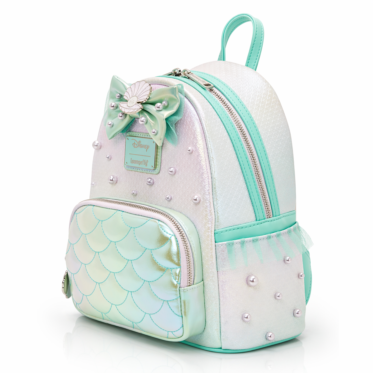 Mermaid-themed backpack with scales and bow on a white background