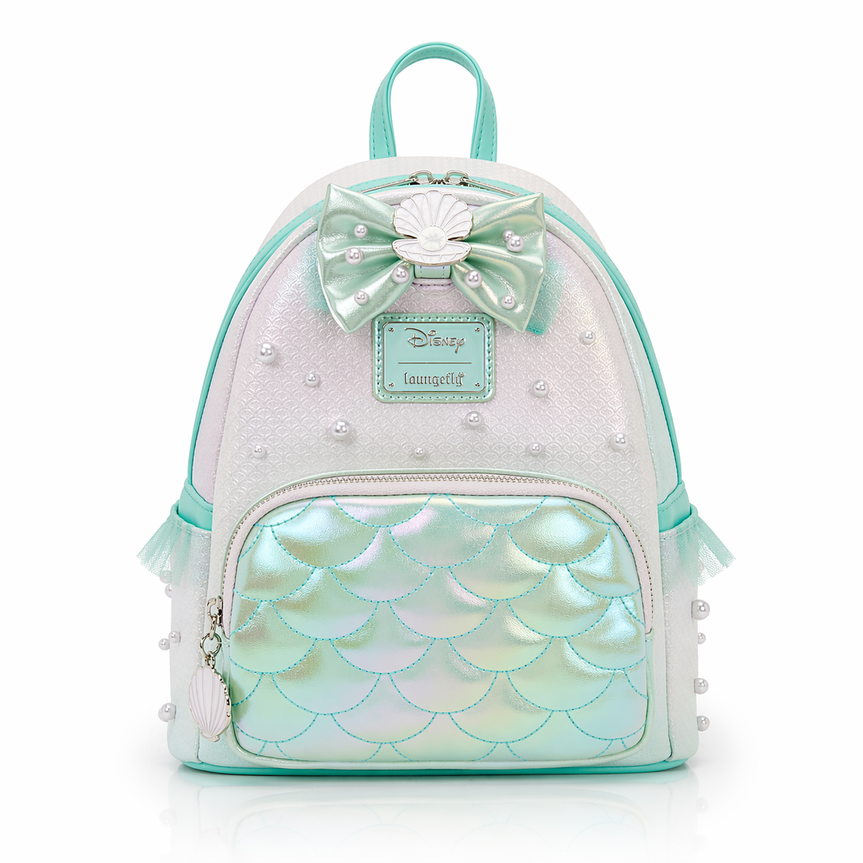 Backpack with mermaid scale design and bow on a white background